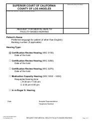 Document preview: Form LASC MH054 Request for Mental Health Facility-Based Hearing - County of Los Angeles, California
