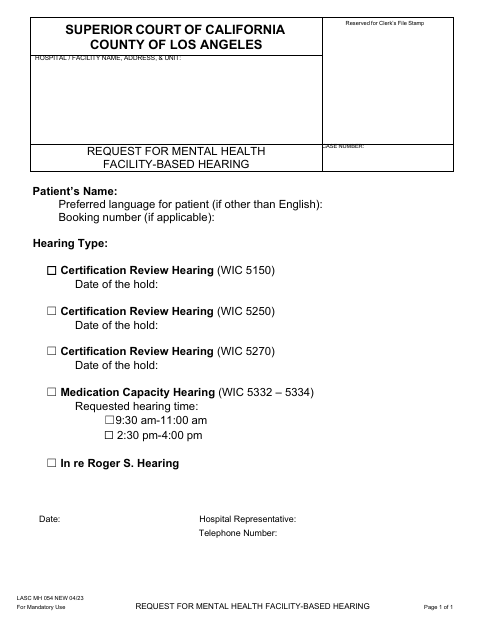 Form LASC MH054 Request for Mental Health Facility-Based Hearing - County of Los Angeles, California