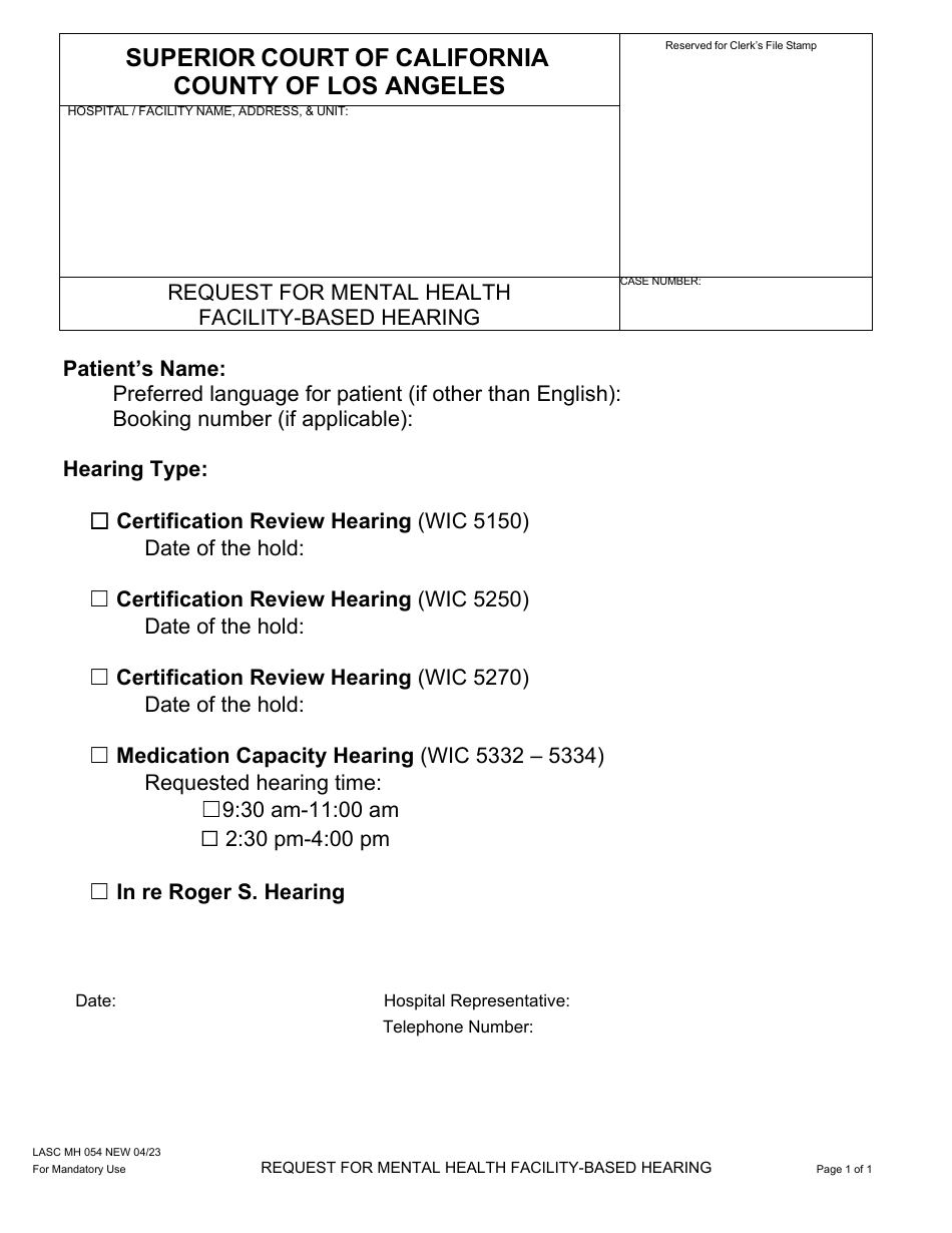 Form LASC MH054 Request for Mental Health Facility-Based Hearing - County of Los Angeles, California, Page 1