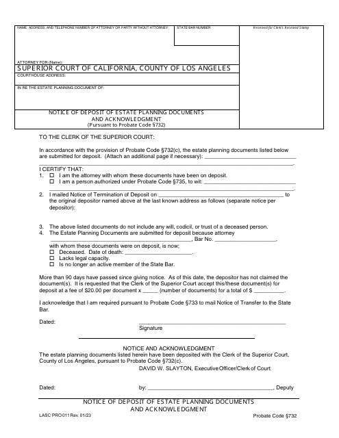 Form PRO011 Notice of Deposit of Estate Planning Documents and Acknowledgment - County of Los Angeles, California