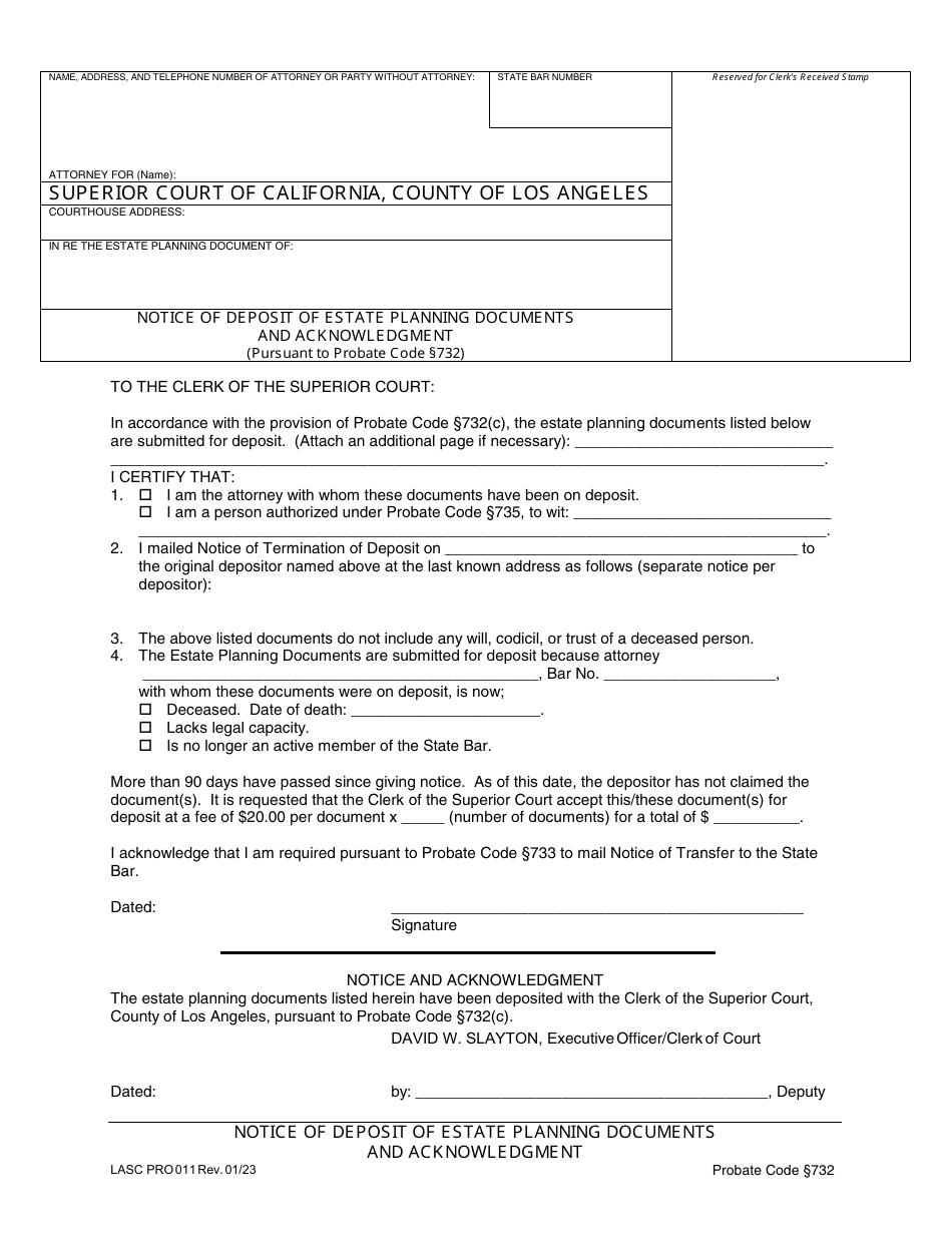 Form PRO011 Notice of Deposit of Estate Planning Documents and Acknowledgment - County of Los Angeles, California, Page 1