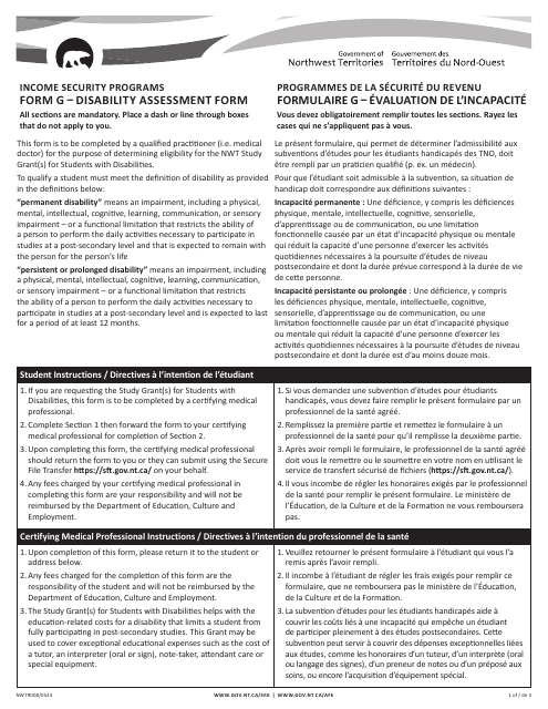 Form G (NWT9008) Disability Assessment Form - Income Security Programs - Northwest Territories, Canada (English/French)
