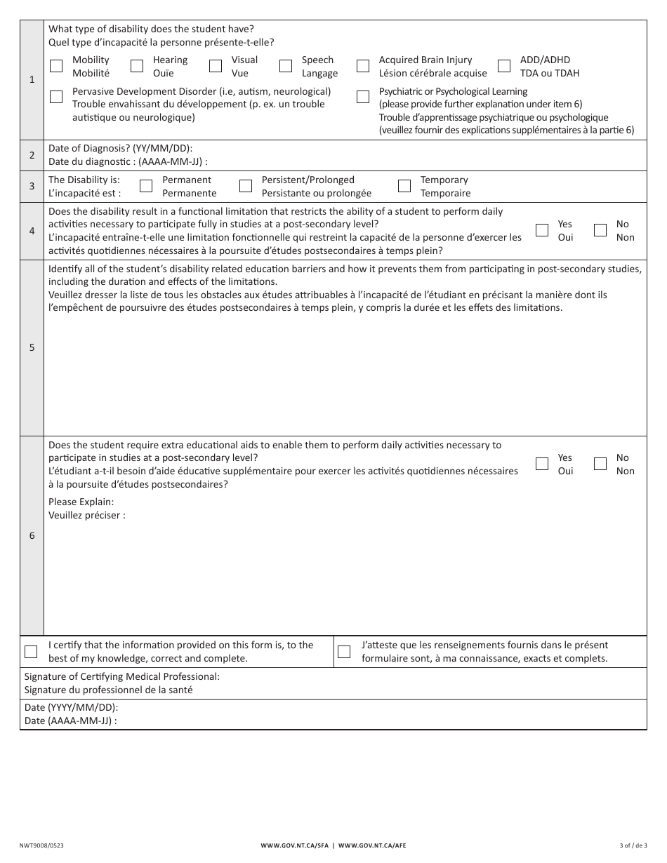 Form G (NWT9008) Disability Assessment Form - Income Security Programs - Northwest Territories, Canada (English / French), Page 3