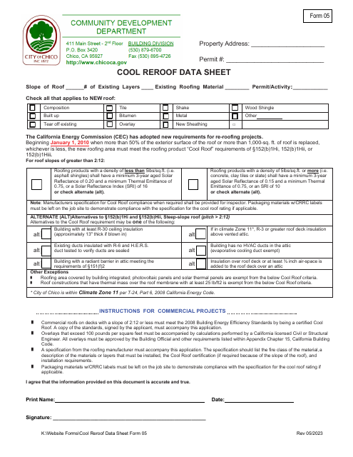 Form 05 Cool Reroof Data Sheet - City of Chico, California
