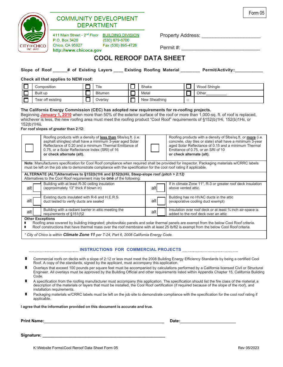 Form 05 Cool Reroof Data Sheet - City of Chico, California, Page 1
