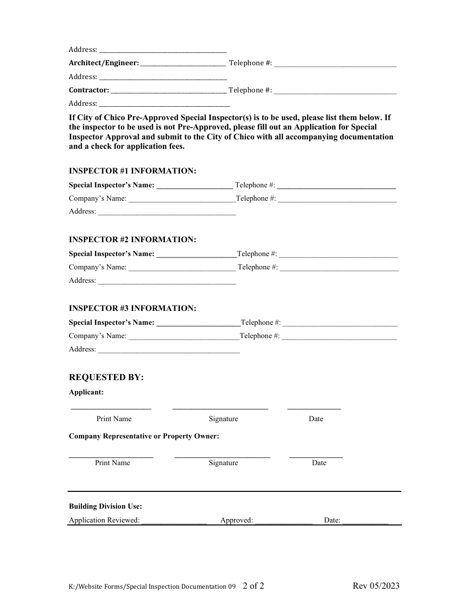 Form 09 Special Inspection Documentation - City of Chico, California, Page 2