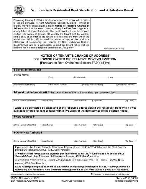 Form 958 Notice of Tenant's Change of Address Following Owner or Relative Move-In Eviction - City and County of San Francisco, California
