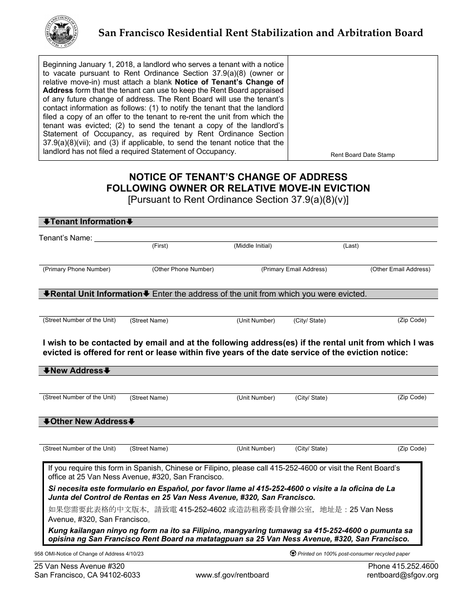 Form 958 Notice of Tenants Change of Address Following Owner or Relative Move-In Eviction - City and County of San Francisco, California, Page 1