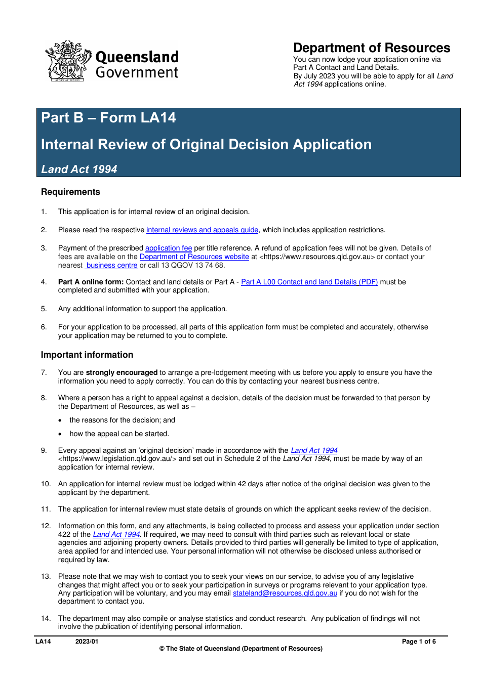 Form LA14 Part B Internal Review of Original Decision Application - Queensland, Australia, Page 1