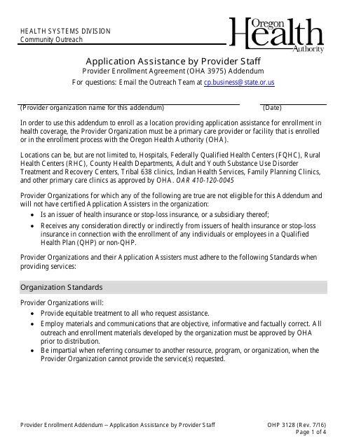 Form OHP3128 Application Assistance by Provider Staff - Oregon