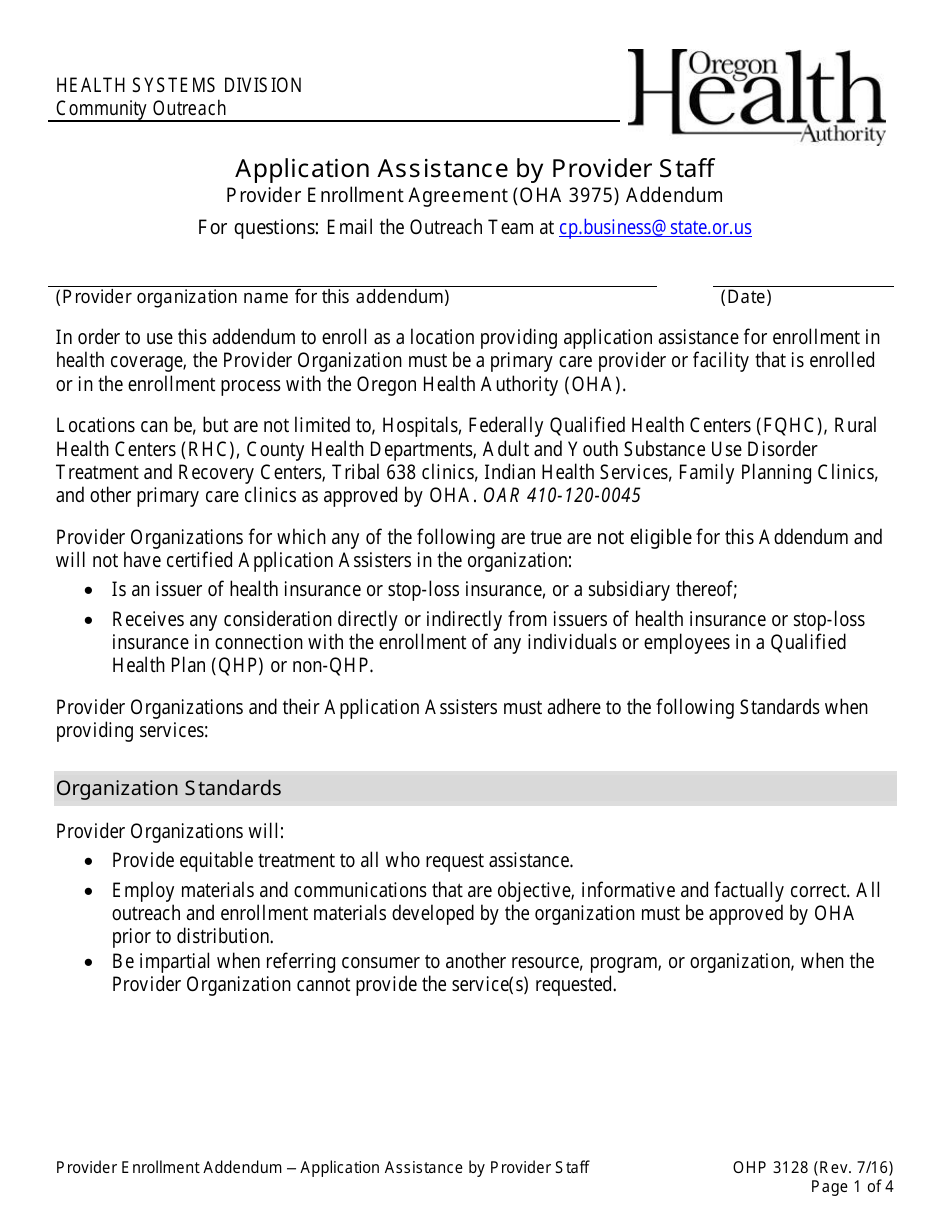 Form OHP3128 Application Assistance by Provider Staff - Oregon, Page 1