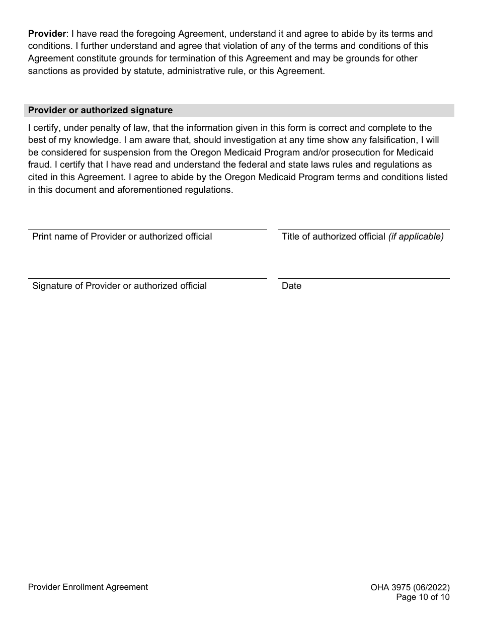 Form OHA3975 Provider Enrollment Agreement - Oregon, Page 10