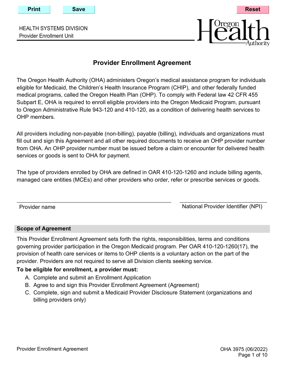 Form OHA3975 Provider Enrollment Agreement - Oregon, Page 1