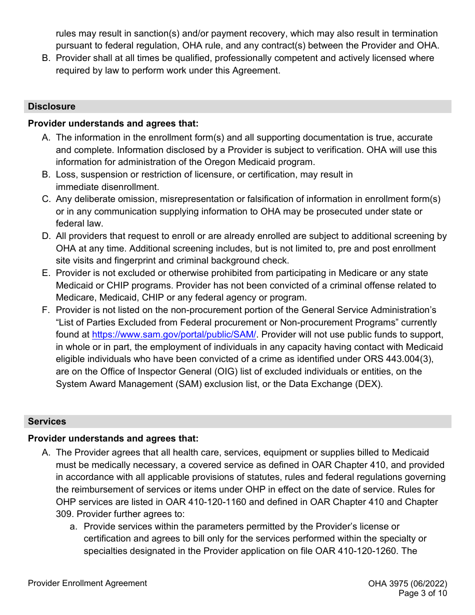 Form OHA3975 Provider Enrollment Agreement - Oregon, Page 3