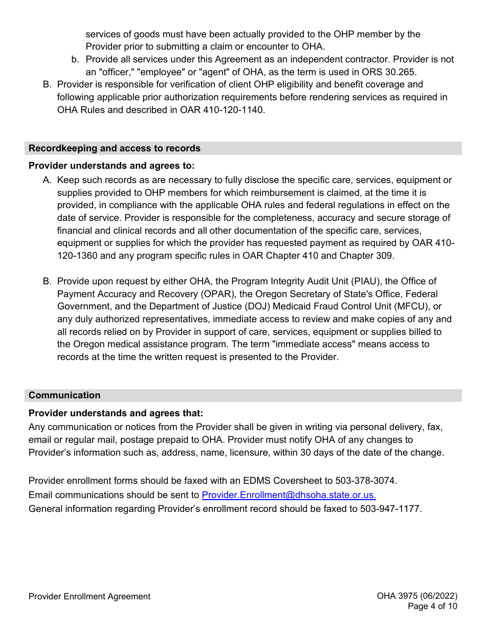 Form OHA3975 Provider Enrollment Agreement - Oregon, Page 4