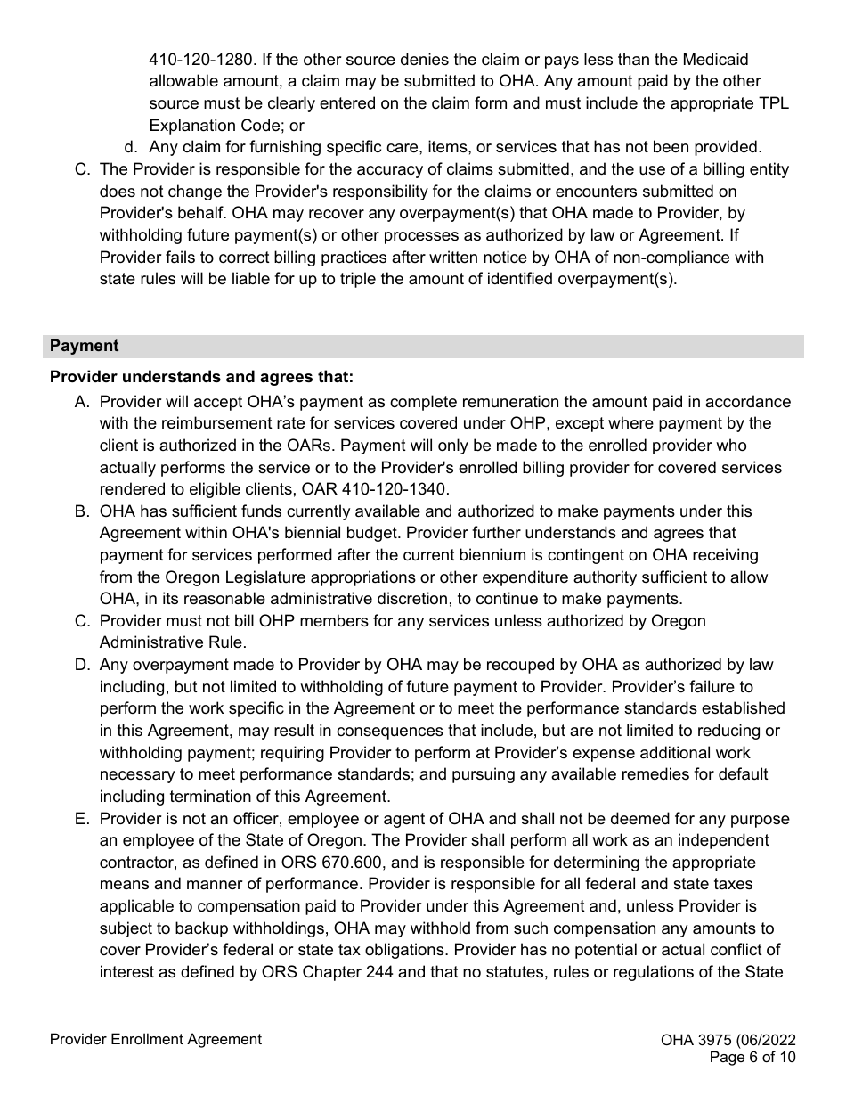 Form OHA3975 Provider Enrollment Agreement - Oregon, Page 6