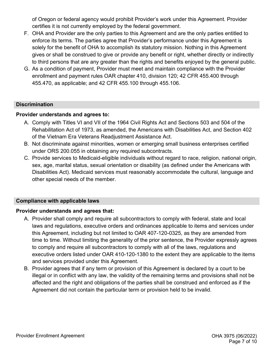 Form OHA3975 Provider Enrollment Agreement - Oregon, Page 7