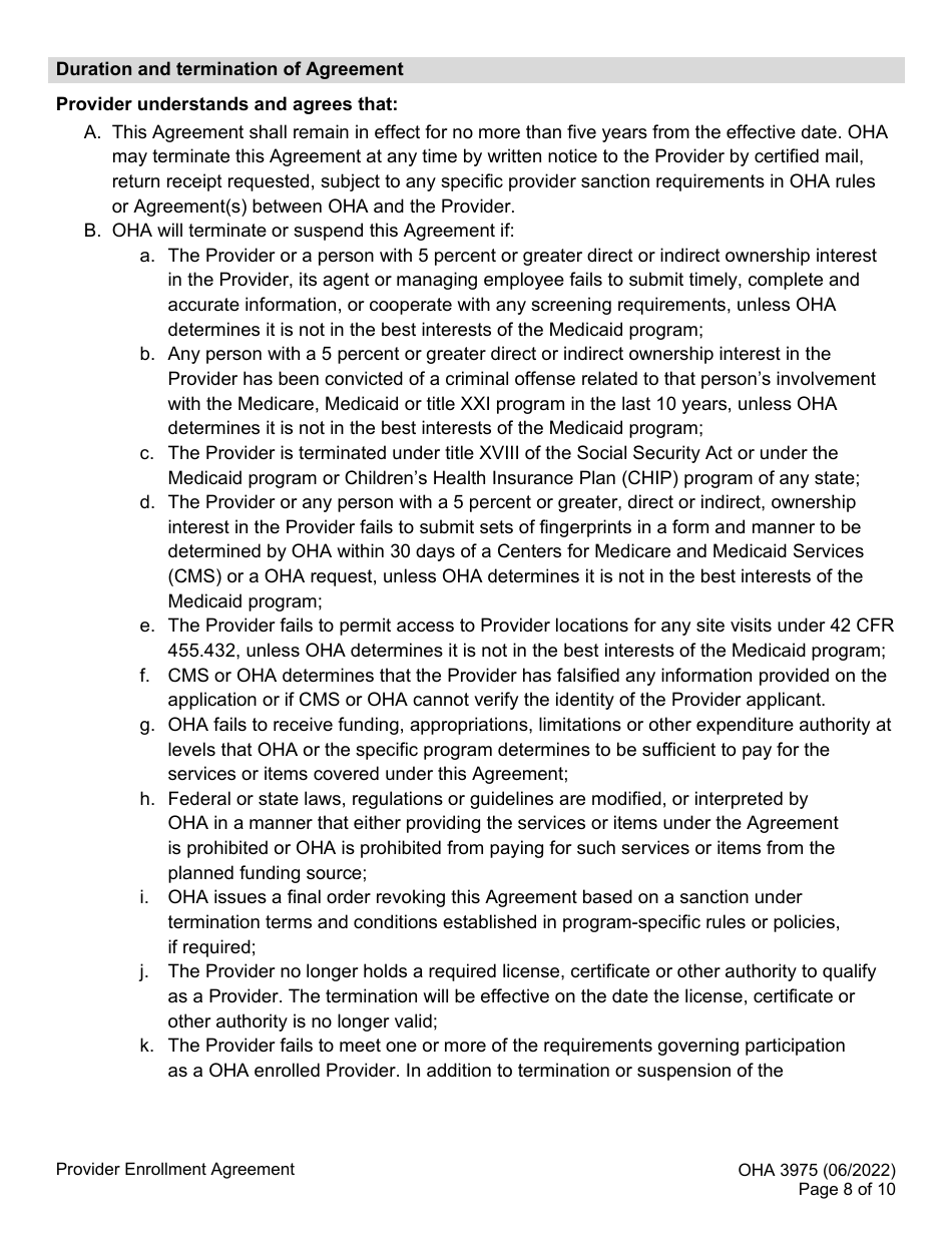 Form OHA3975 Provider Enrollment Agreement - Oregon, Page 8