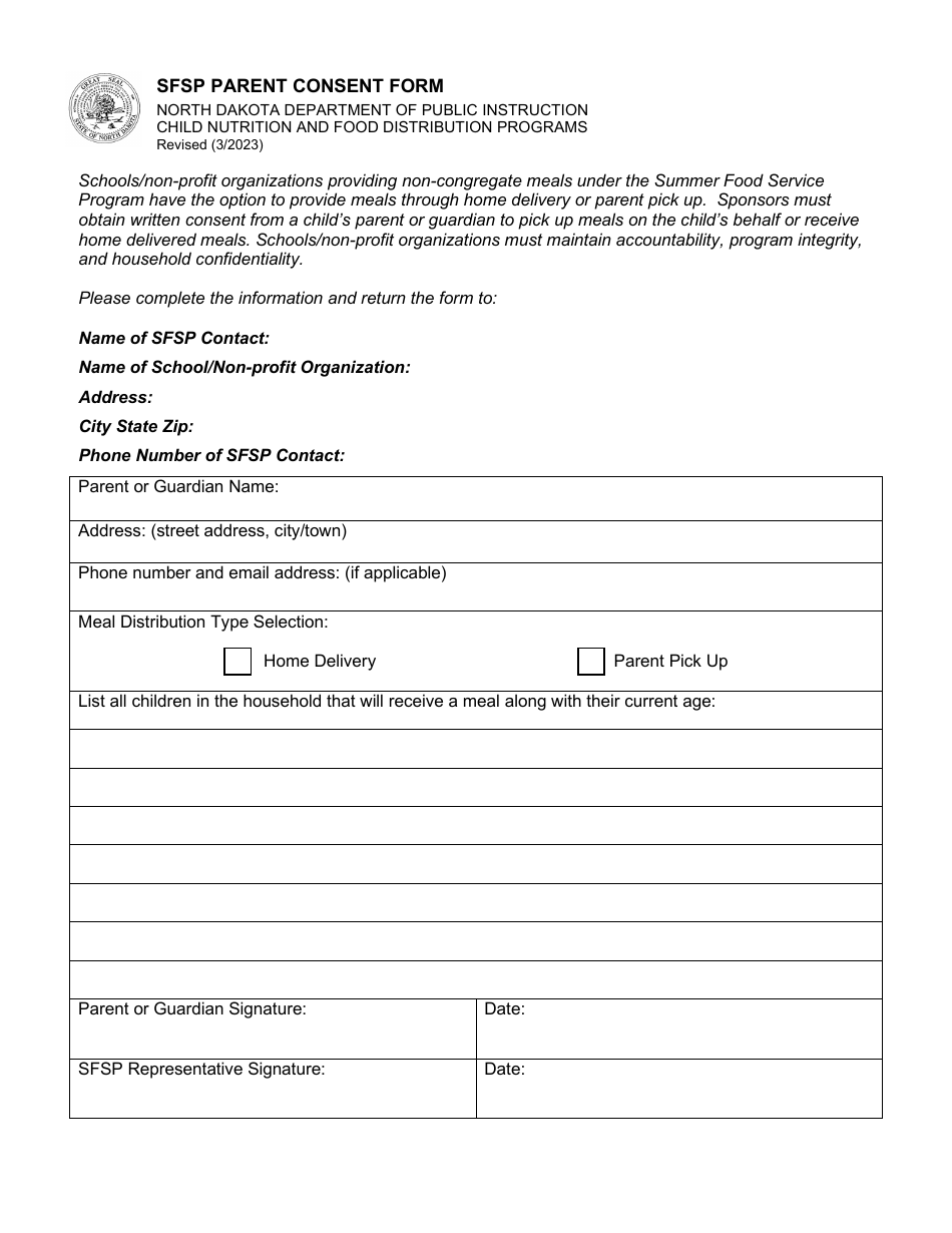 Sfsp Parent Consent Form - North Dakota, Page 1