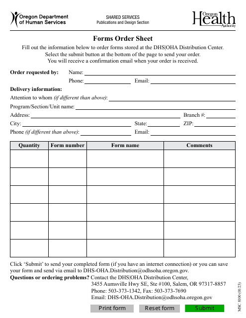 Form MSC8100 Forms Order Sheet - Oregon