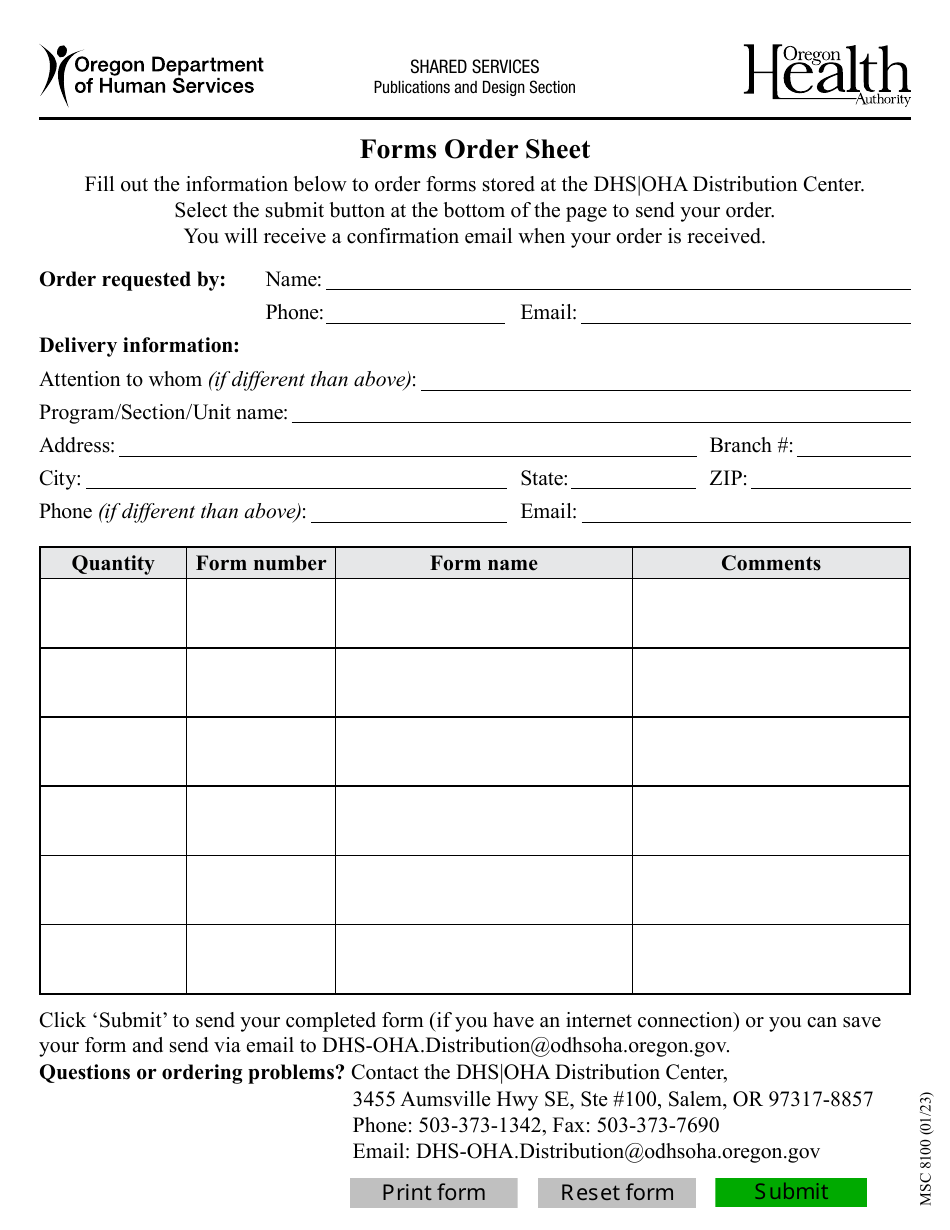Form MSC8100 Forms Order Sheet - Oregon, Page 1