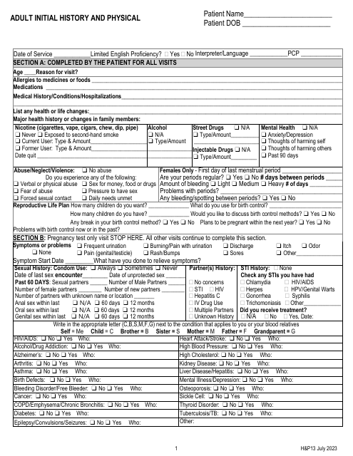 Form H&P13 Adult Initial History and Physical - Kentucky