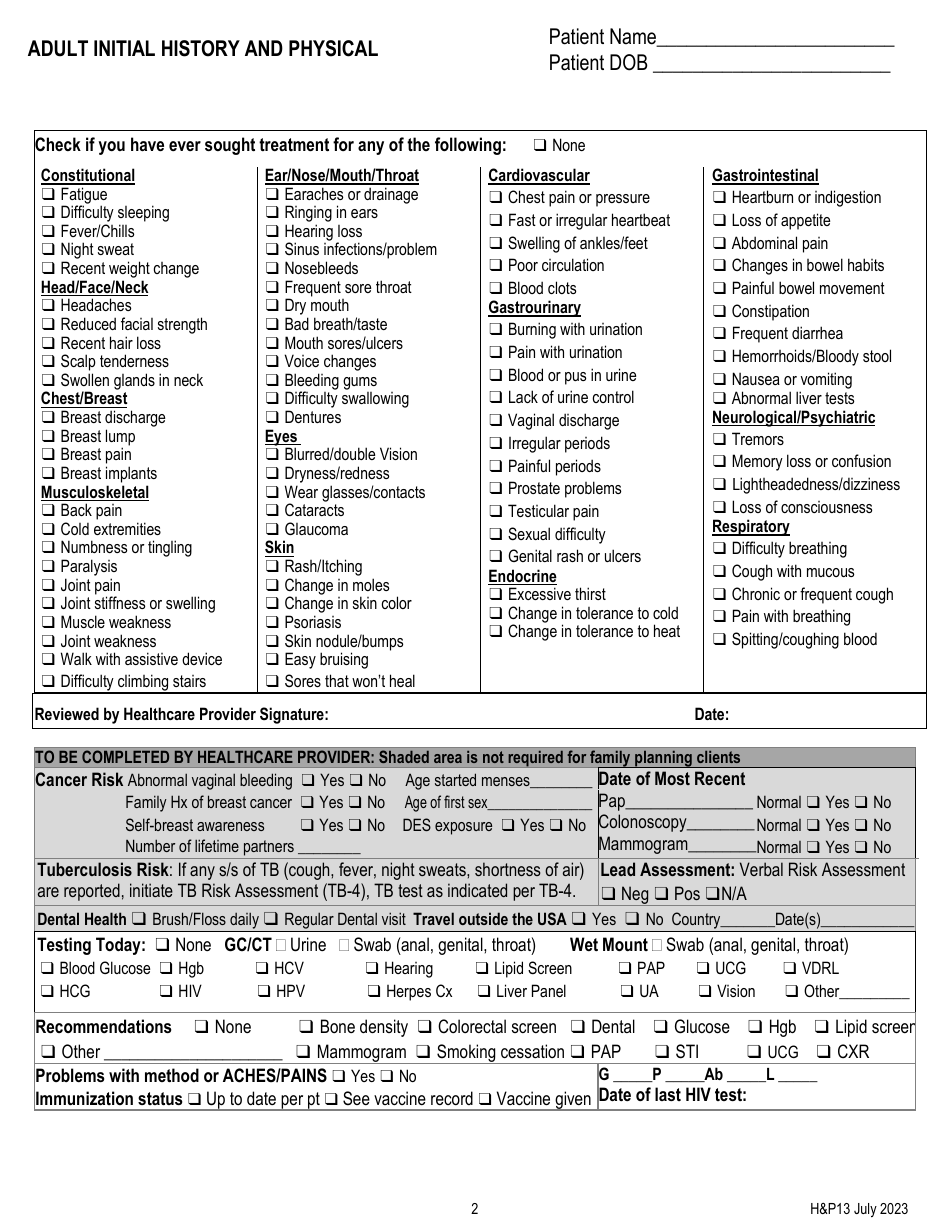 Form HP13 Adult Initial History and Physical - Kentucky, Page 2