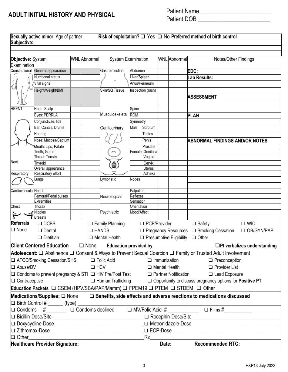 Form HP13 Adult Initial History and Physical - Kentucky, Page 3