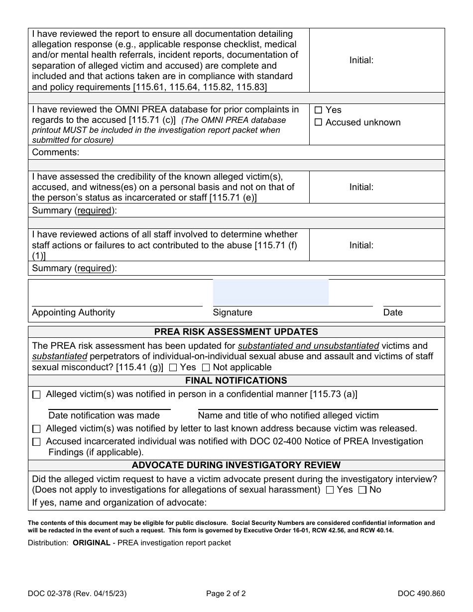 Form DOC02-378 Investigative Finding Sheet - Washington, Page 2