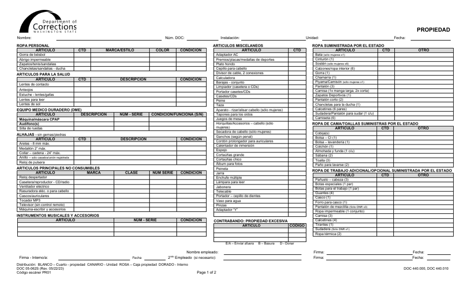 Formulario DOC05-062S Propiedad Del Interno / Interna - Washington (Spanish), Page 1