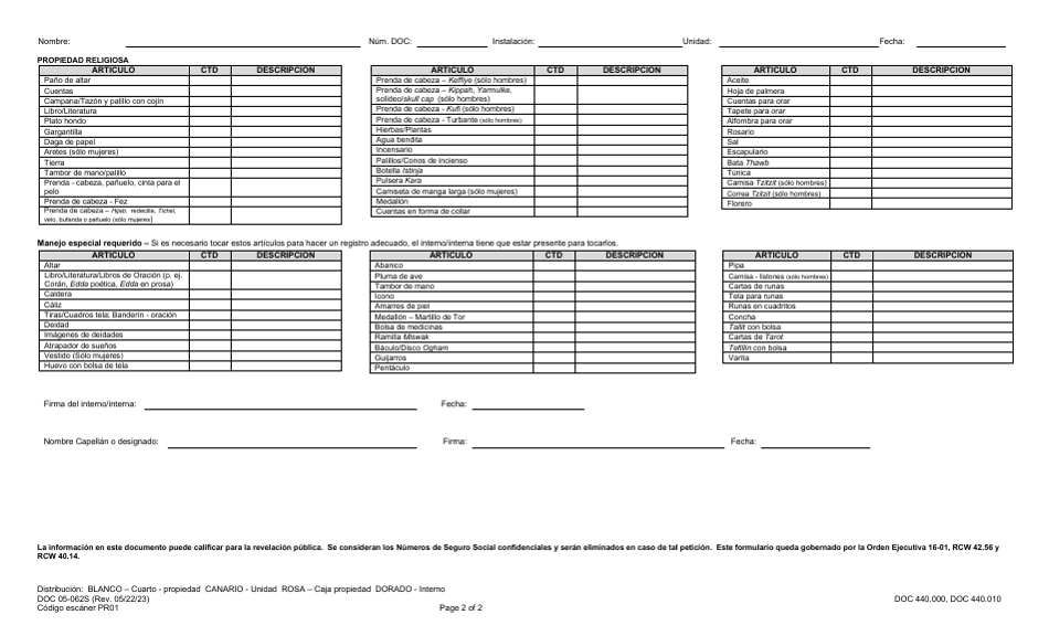 Formulario DOC05-062S Propiedad Del Interno / Interna - Washington (Spanish), Page 2