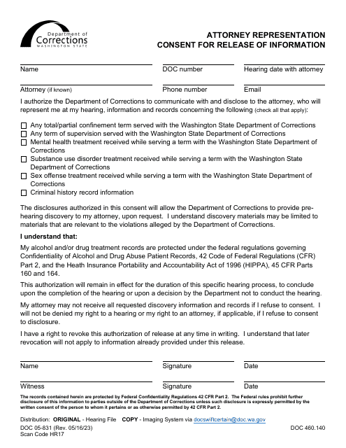 Form DOC05-831 Attorney Representation - Consent for Release of Information - Washington