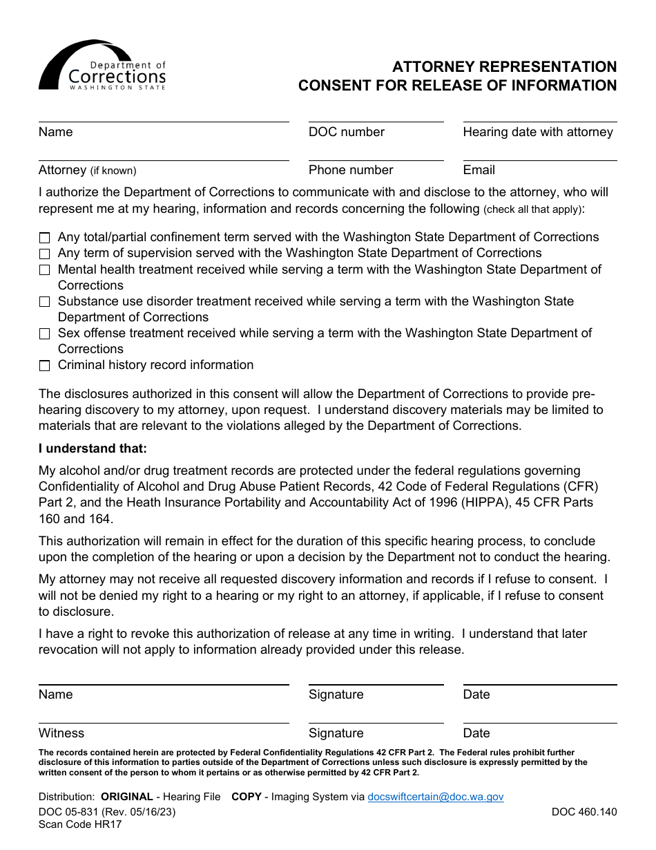 Form DOC05-831 Attorney Representation - Consent for Release of Information - Washington, Page 1