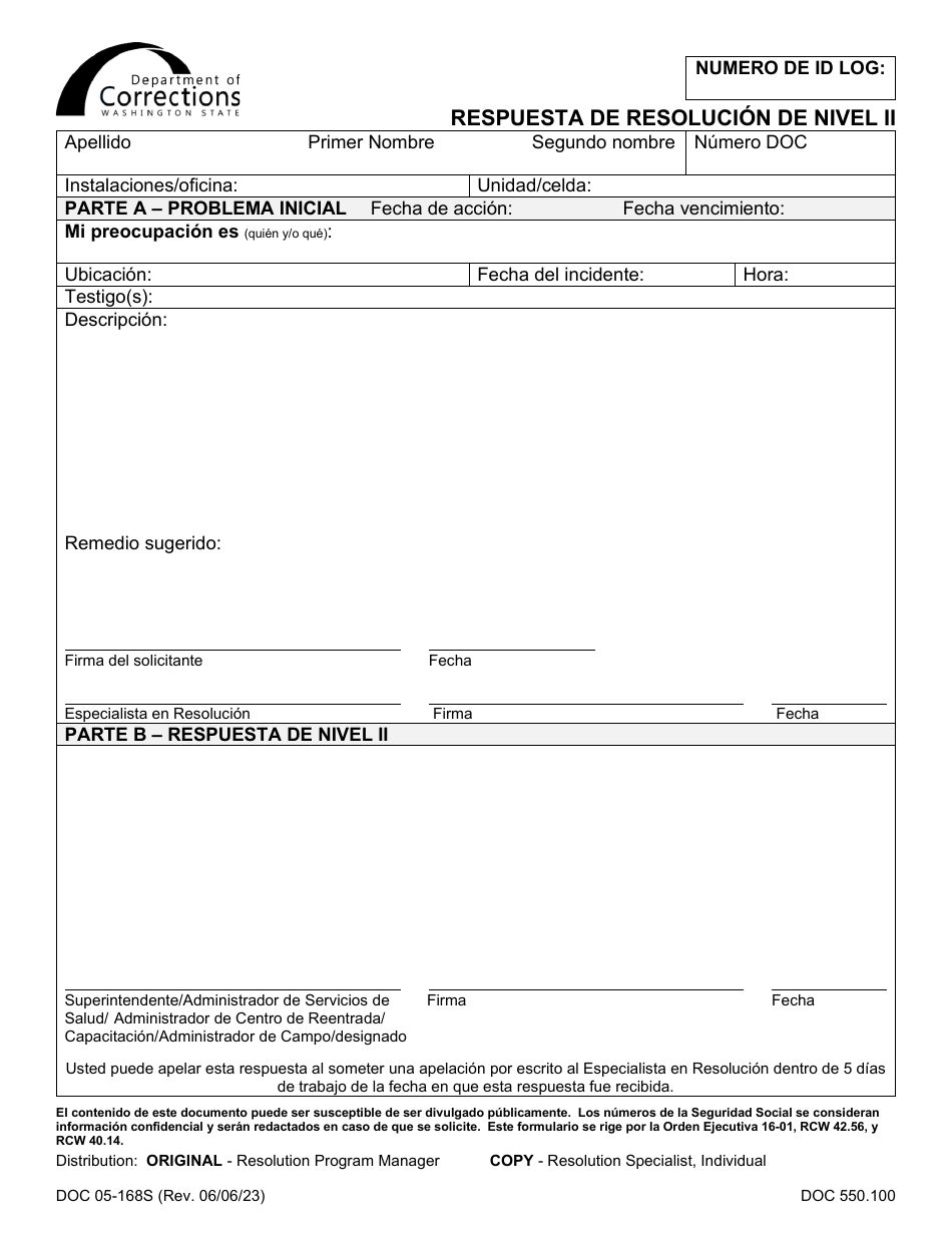 Formulario DOC05-168S Respuesta De Resolucion De Nivel Ii - Washington (Spanish), Page 1