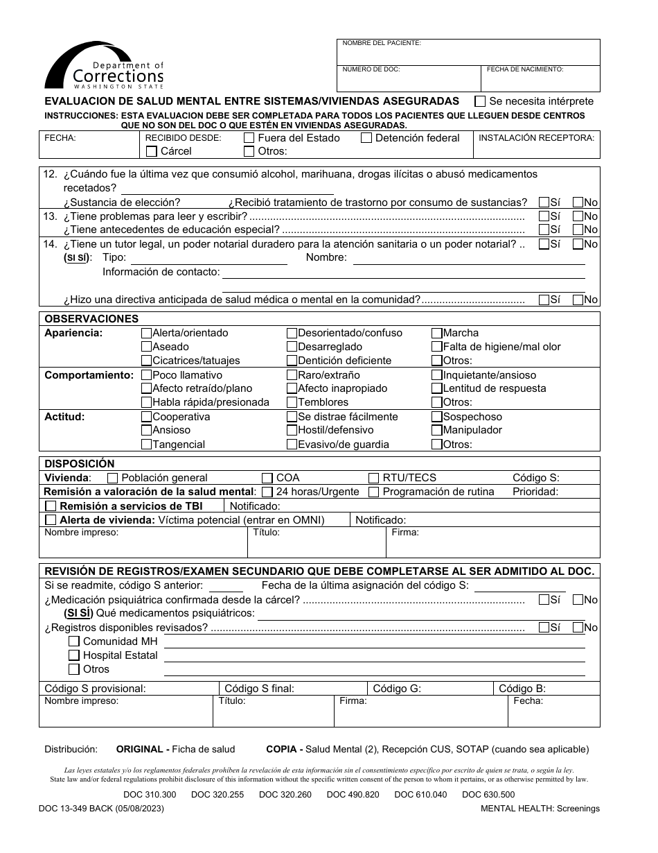 Formulario DOC13-349S Evaluacion De Salud Mental Entre Sistemas / Viviendas Aseguradas - Washington (Spanish), Page 2