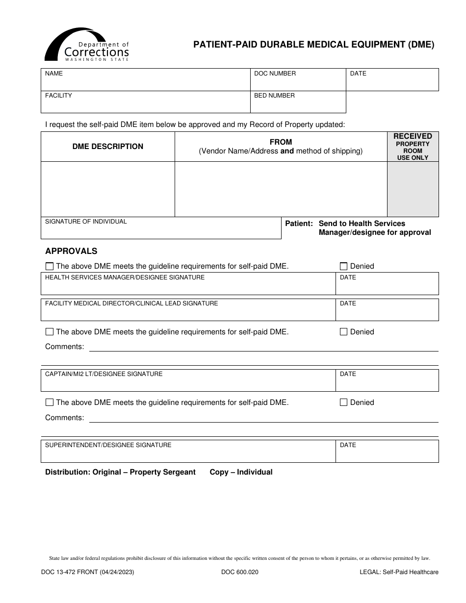 Form DOC13-472 Patient-Paid Durable Medical Equipment (Dme) - Washington, Page 1