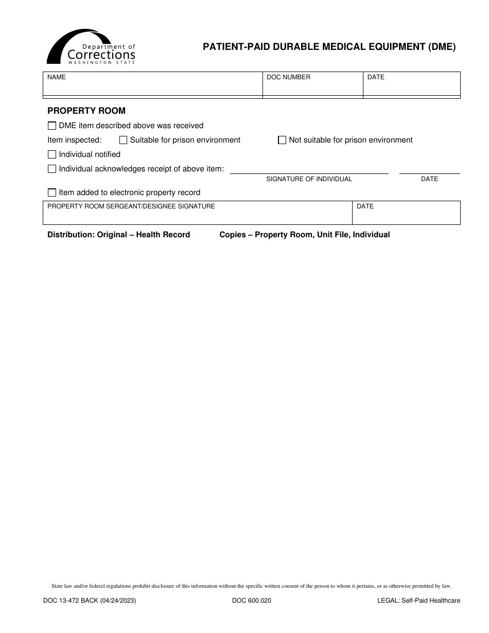 Form DOC13-472 Patient-Paid Durable Medical Equipment (Dme) - Washington, Page 2