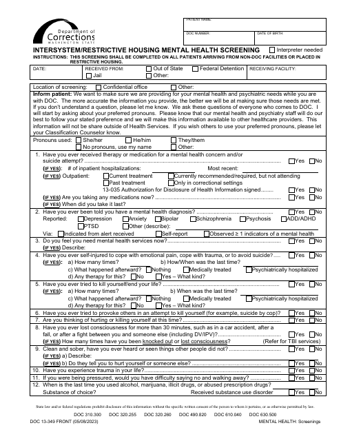 Form DOC13-349 Intersystem/Restricted Housing Mental Health Screening - Washington