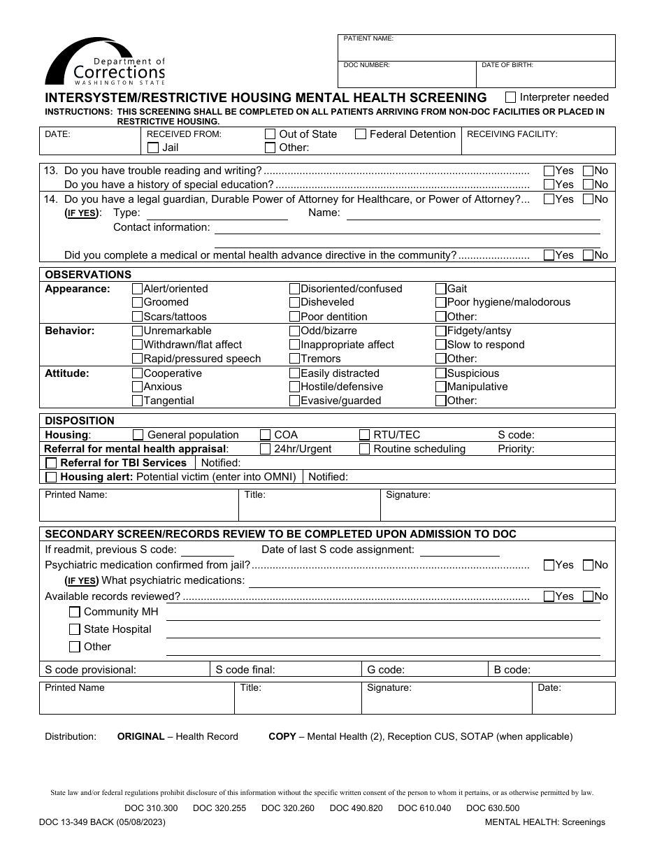Form DOC13-349 Intersystem / Restricted Housing Mental Health Screening - Washington, Page 2