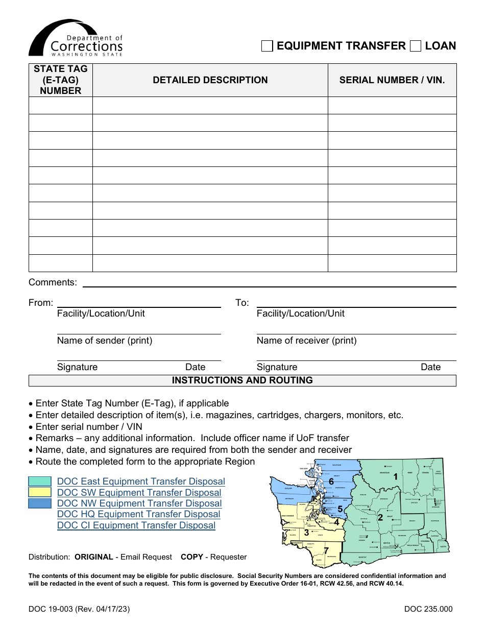 Form DOC19-003 Equipment Transfer / Loan - Washington, Page 1