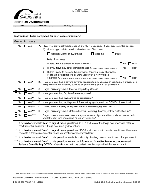 Form DOC13-589 Covid-19 Vaccination - Washington
