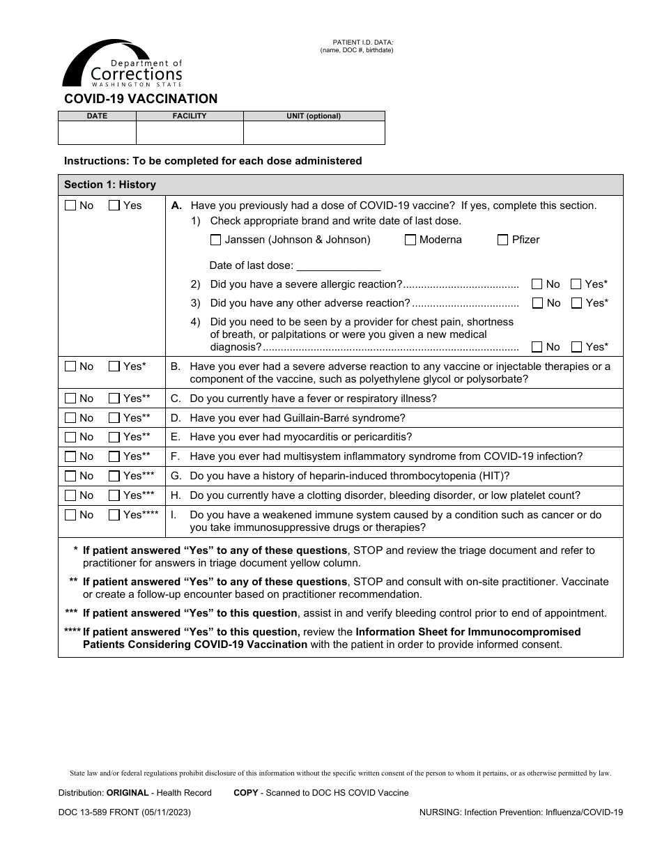 Form DOC13-589 Covid-19 Vaccination - Washington, Page 1