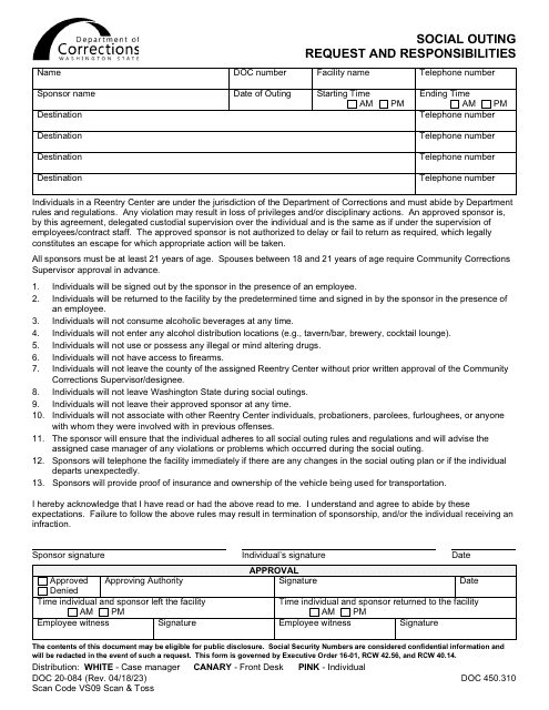 Form DOC20-084 Social Outing Request and Responsibilities - Washington