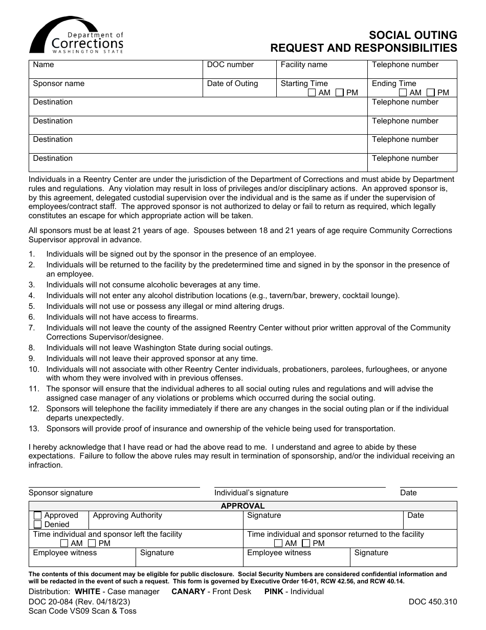 Form DOC20-084 Social Outing Request and Responsibilities - Washington, Page 1