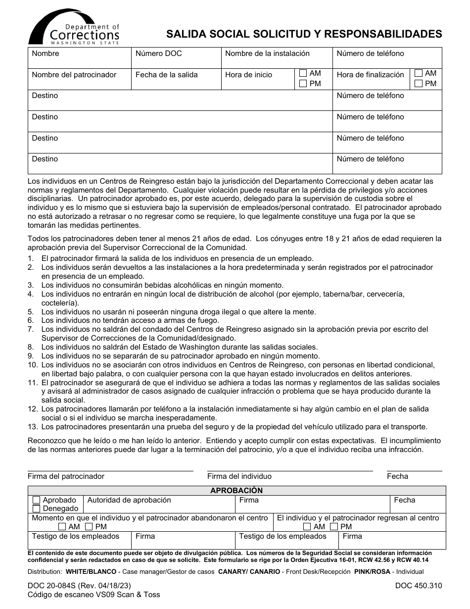 Formulario DOC20-084S Salida Social Solicitud Y Responsabilidades - Washington (Spanish), Page 1