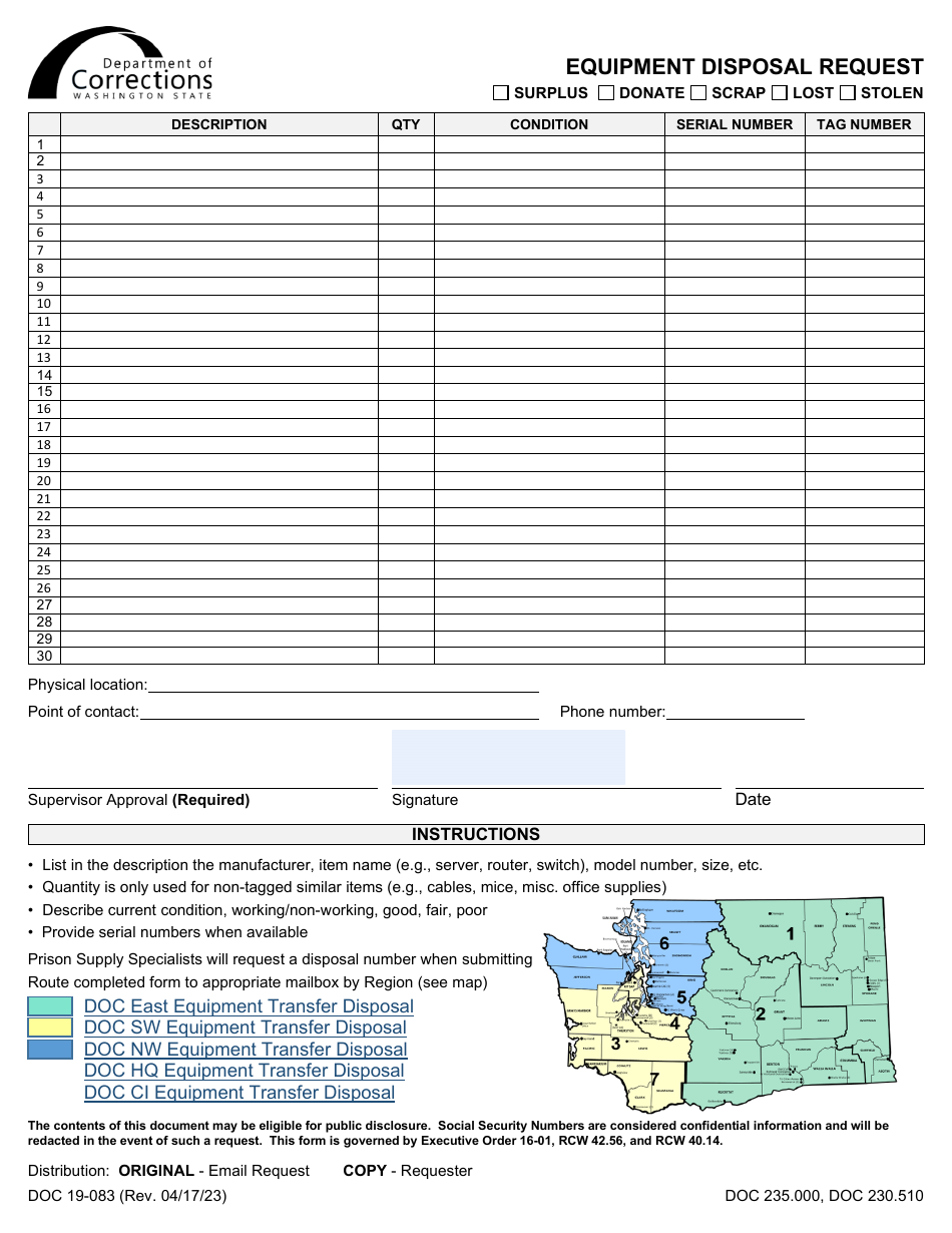 Form DOC19-083 Equipment Disposal Request - Surplus / Donate / Scrap / Lost / Stolen - Washington, Page 1
