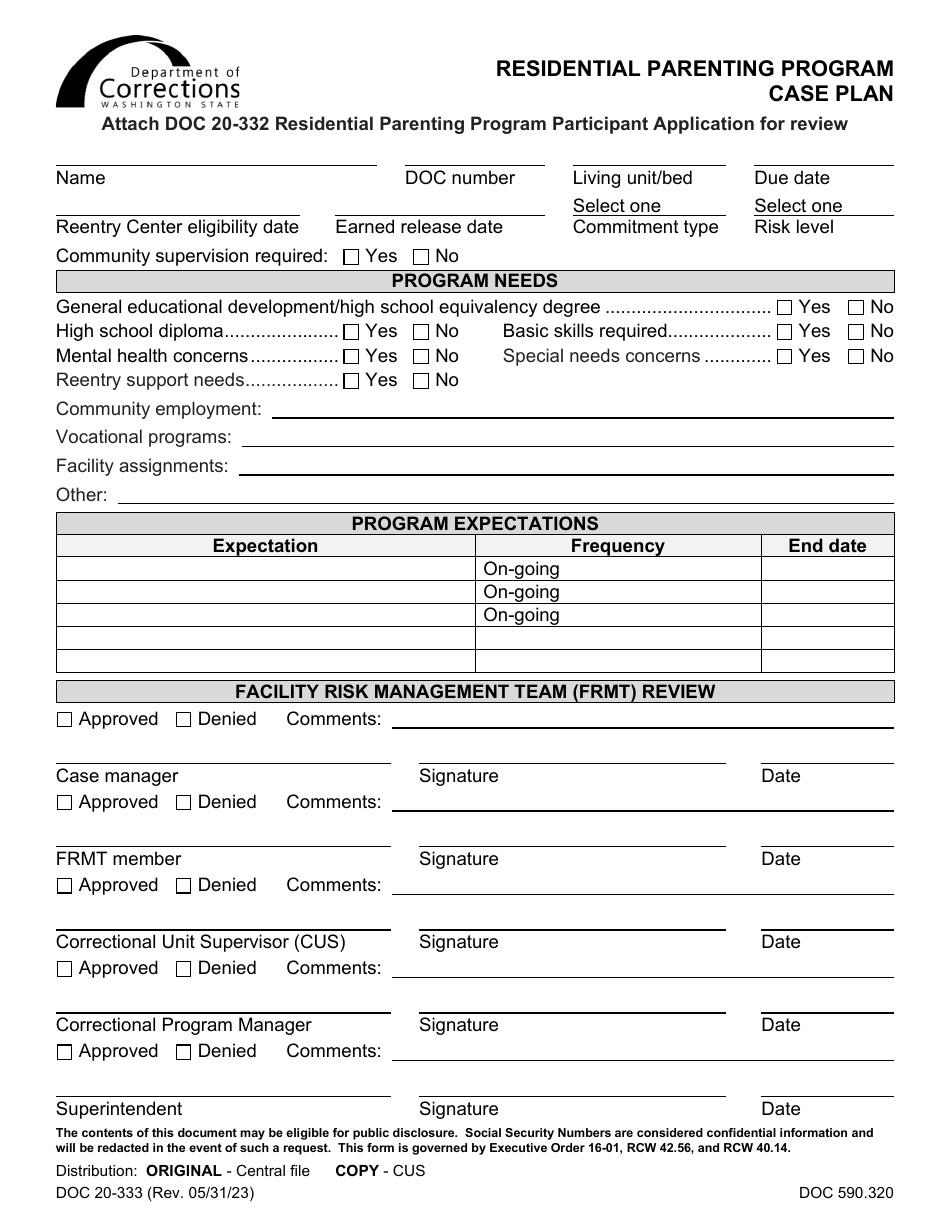 Form DOC20-333 Residential Parenting Program Case Plan - Washington, Page 1