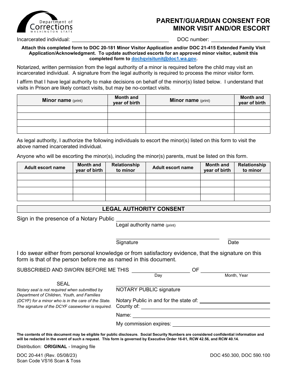 Form DOC20-441 Parent / Guardian Consent for Minor Visit and / or Escort - Washington, Page 1