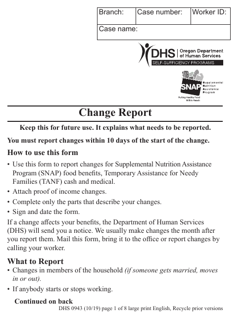 Form DHS0943 Change Report - Large Print - Oregon