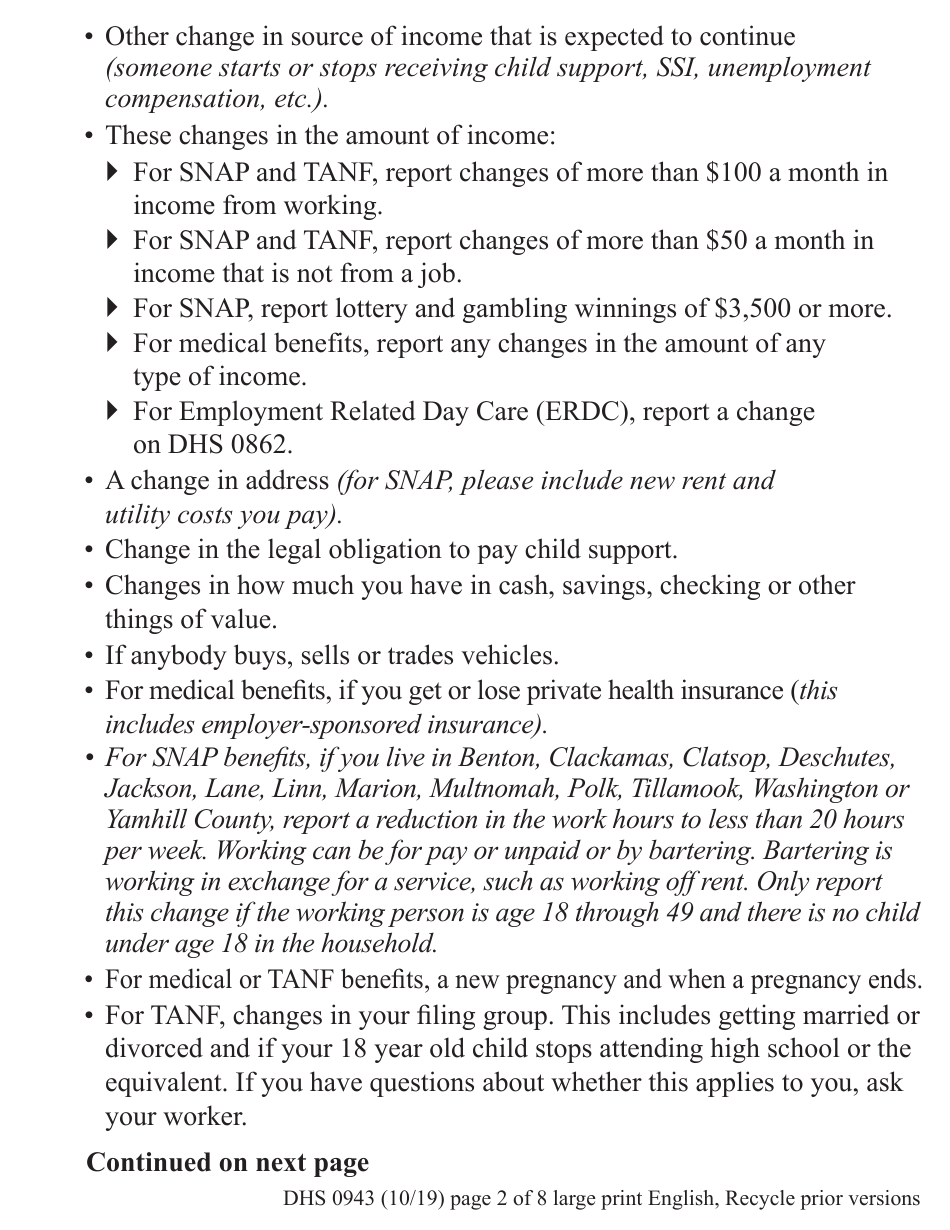 Form DHS0943 Change Report - Large Print - Oregon, Page 2